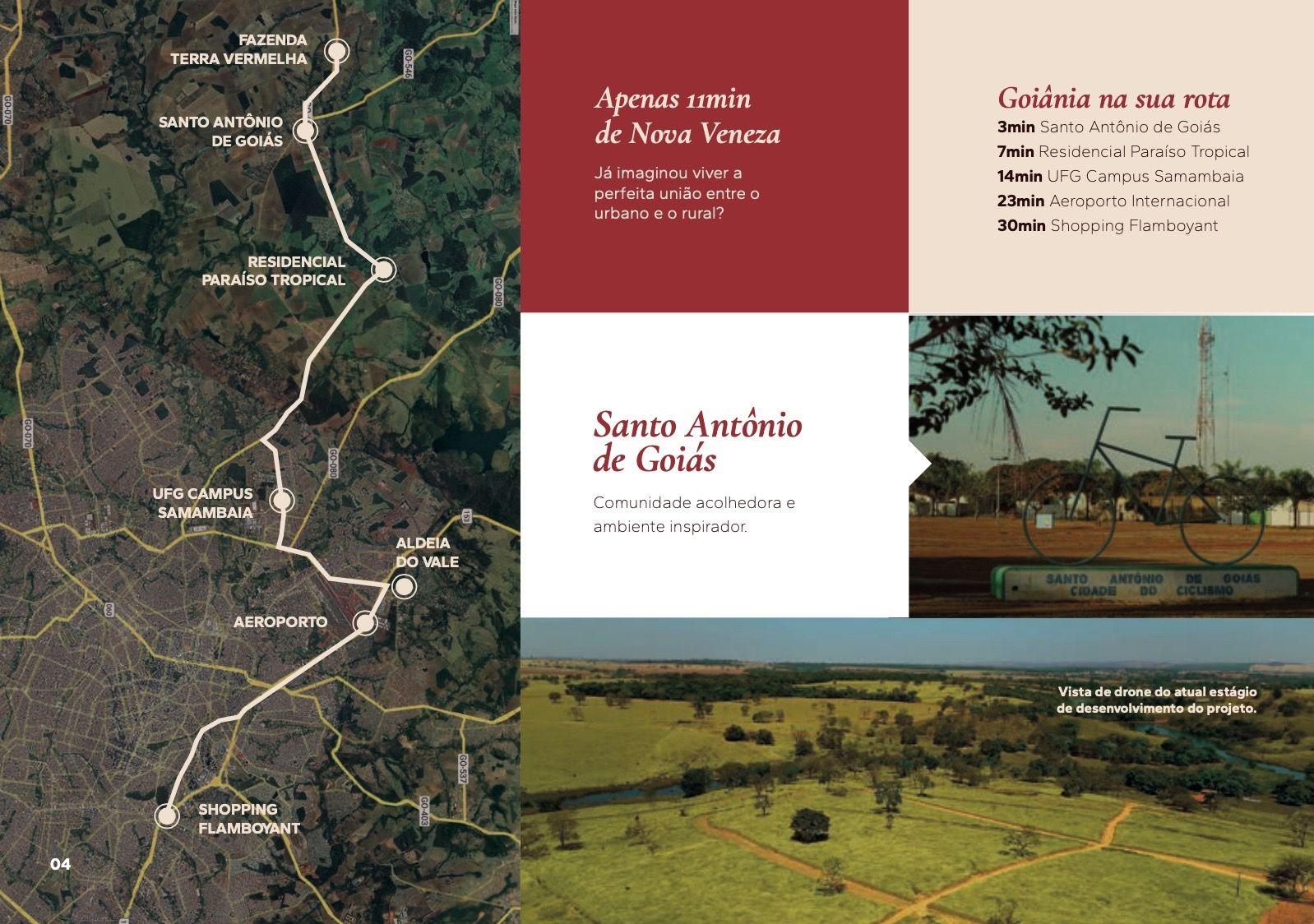 Map and highlights of Santo Antônio de Goiás with scenic views and cycling statue.