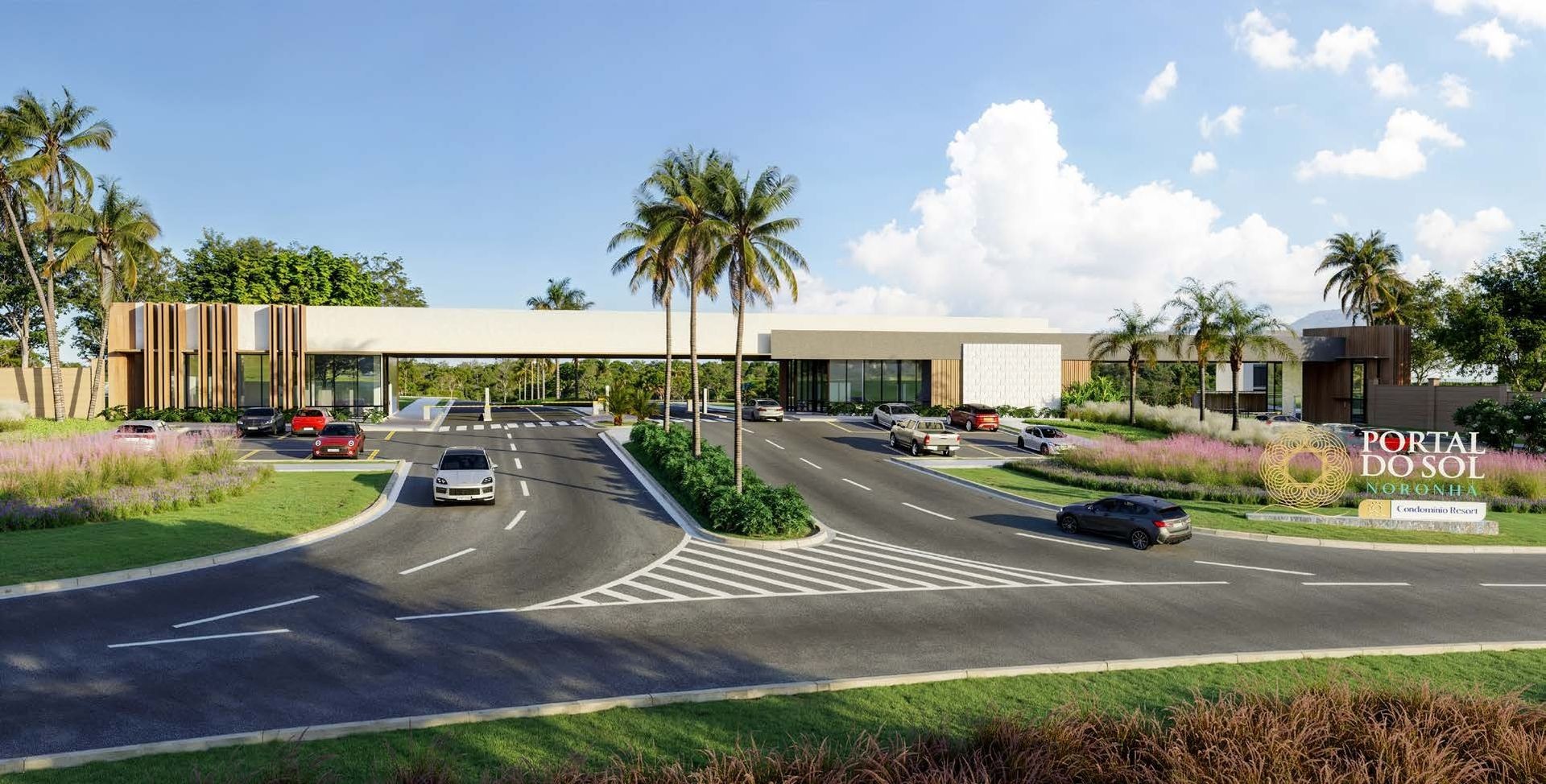 Entrance of Portal do Sol Noronha condominium with cars and palm trees under a clear sky.