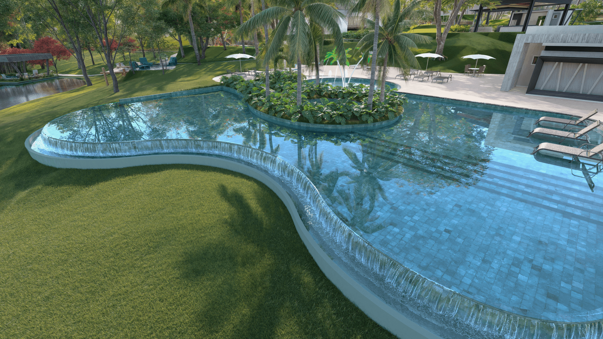 Infinity pool with water cascading over the edge, surrounded by palm trees and modern patio furniture.