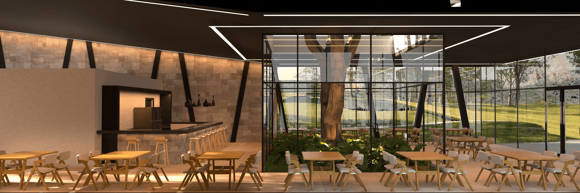 Modern cafe interior with wooden tables and chairs, large windows, and indoor tree feature.