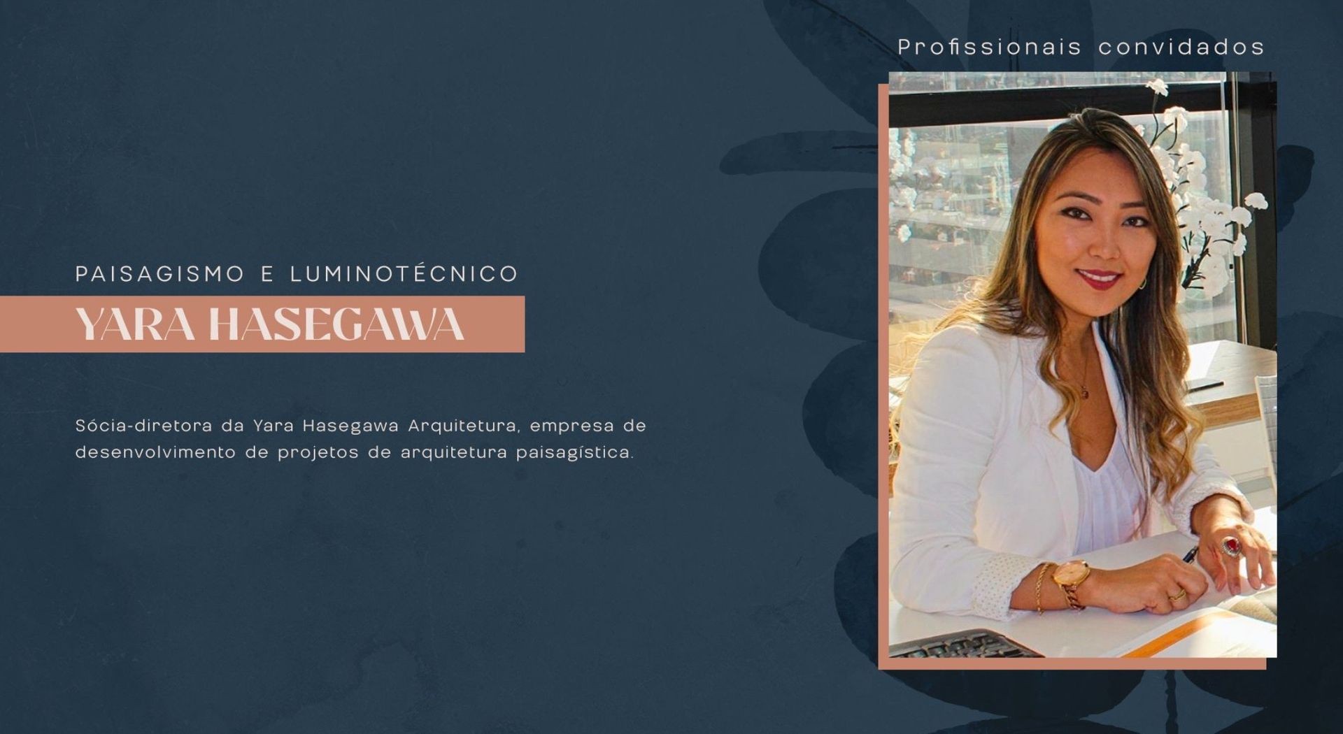 Presentation card featuring a woman in a white blazer sitting at a desk, text about landscape architecture.