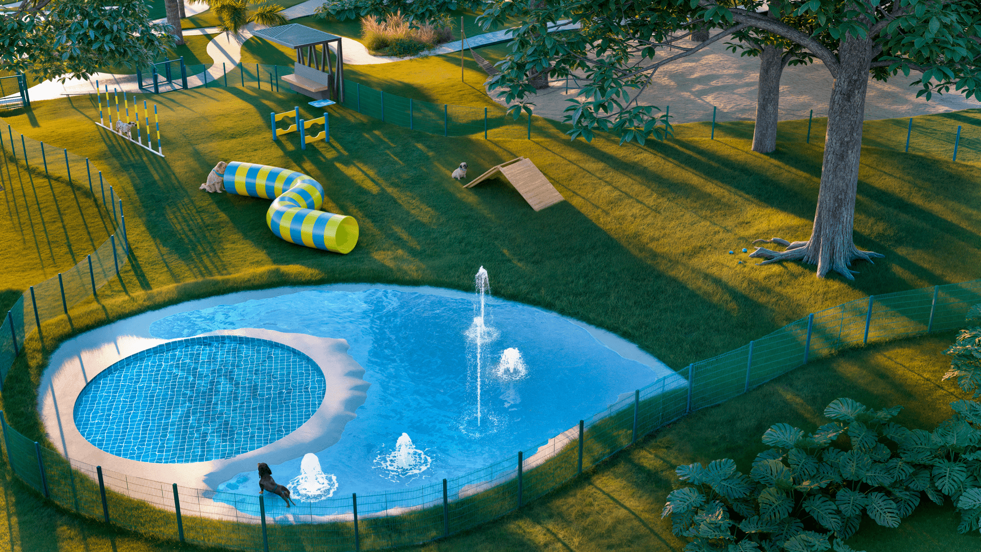 Dog park with agility equipment, pool, and trees on a sunny day.