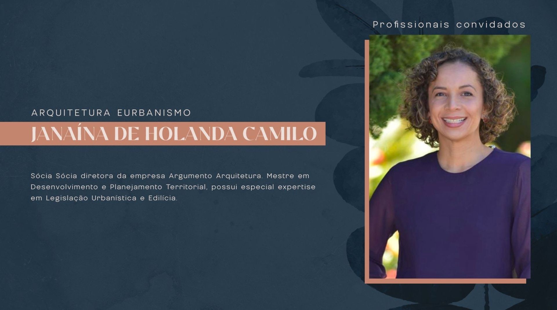 Professional profile of a woman with text about architecture and urbanism expertise on a dark background.
