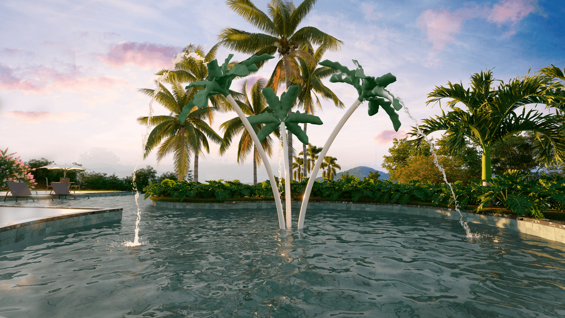 Tropical pool landscape with palm trees and water fountains under a sunset sky.