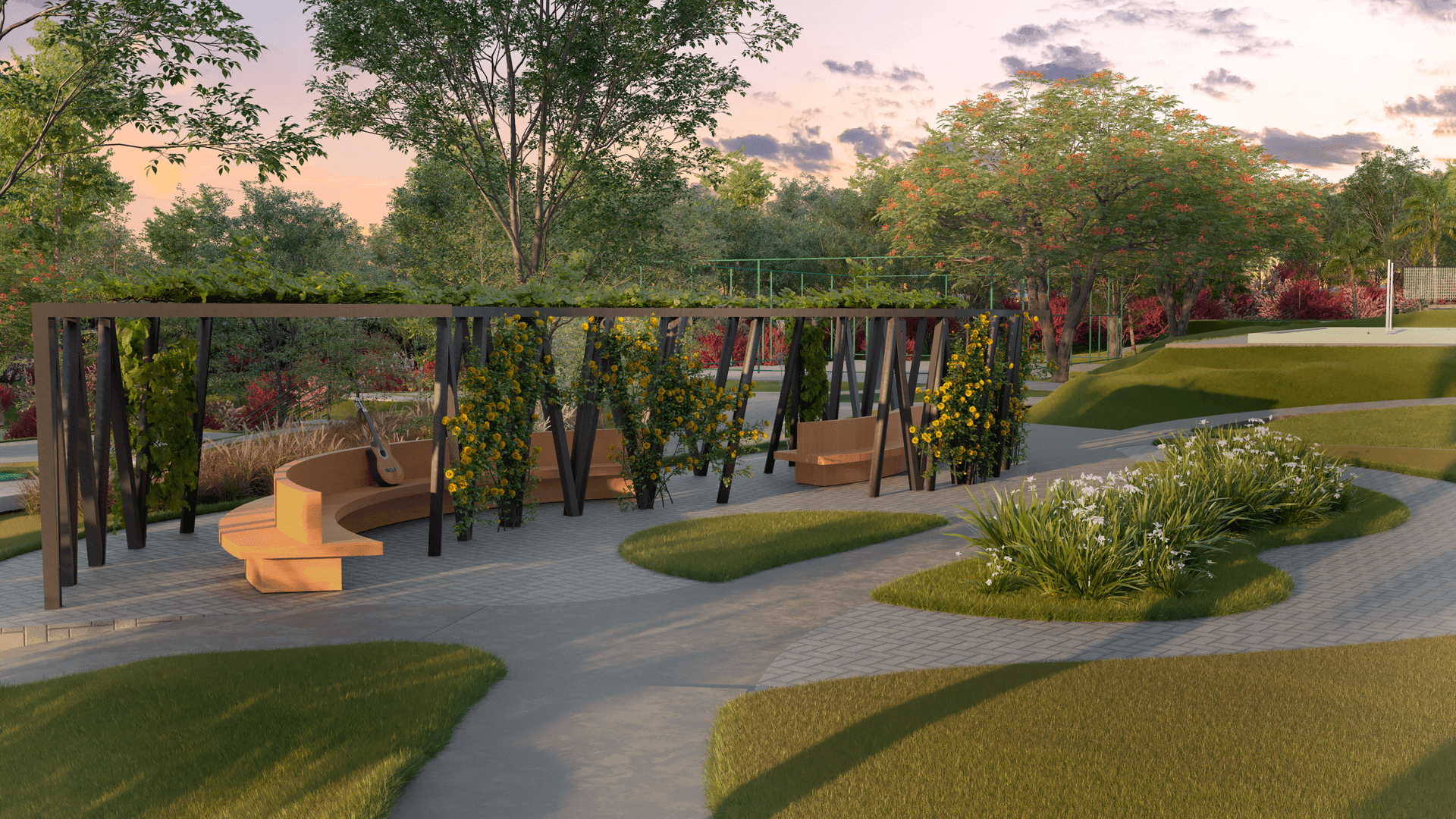Garden scene with benches, pergola covered in yellow flowers, and a guitar on curved seating.