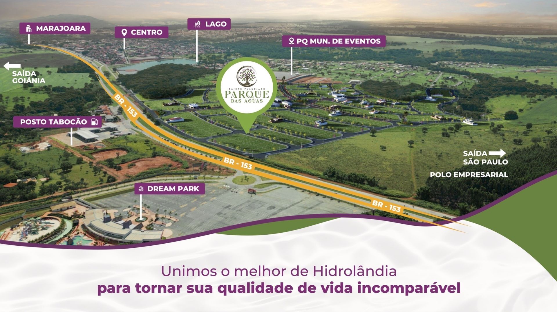 Map illustration of Parque das Águas in Hidrolândia with labeled locations and roads.