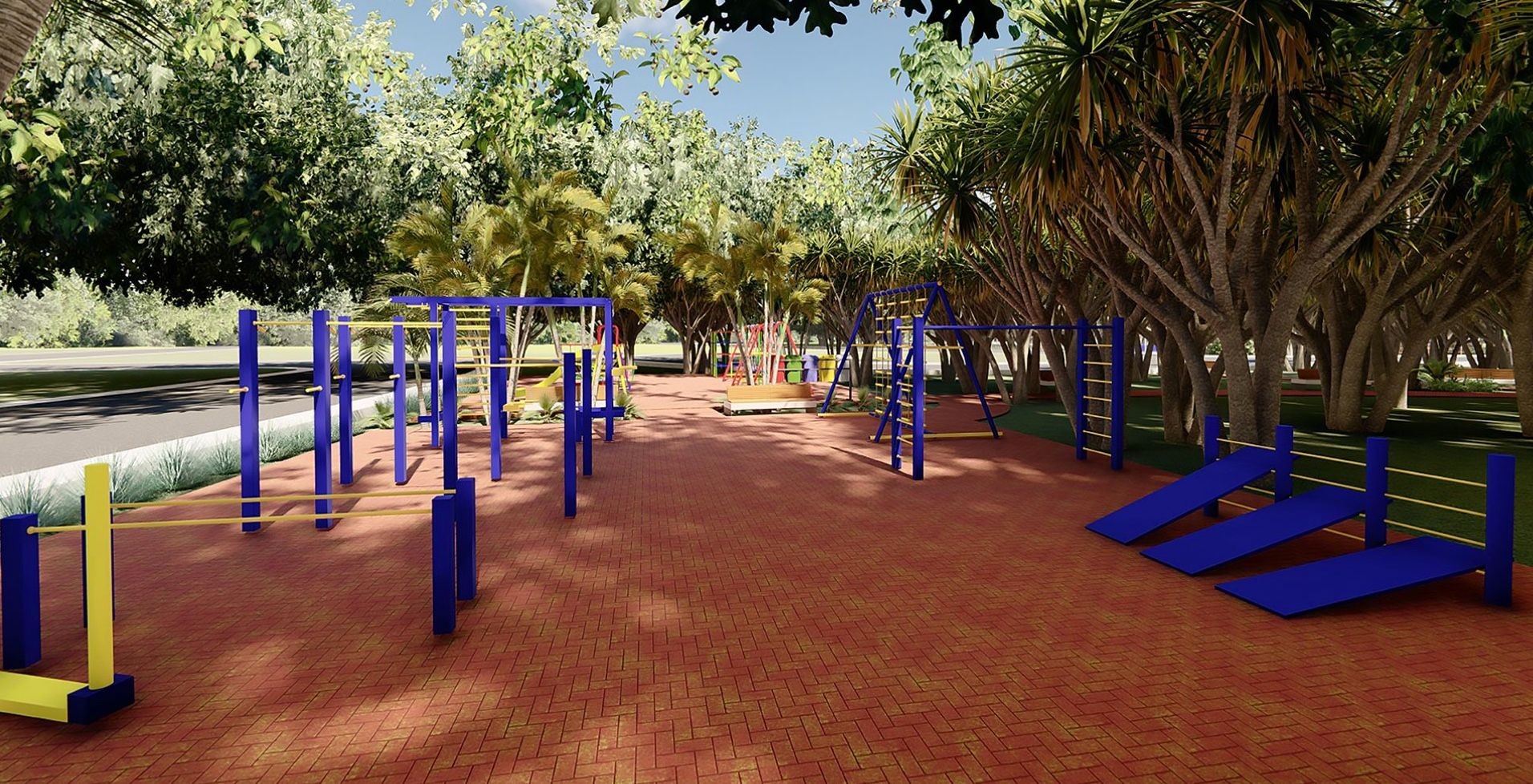 Outdoor fitness park surrounded by trees, featuring blue and yellow exercise equipment on a red brick pathway.