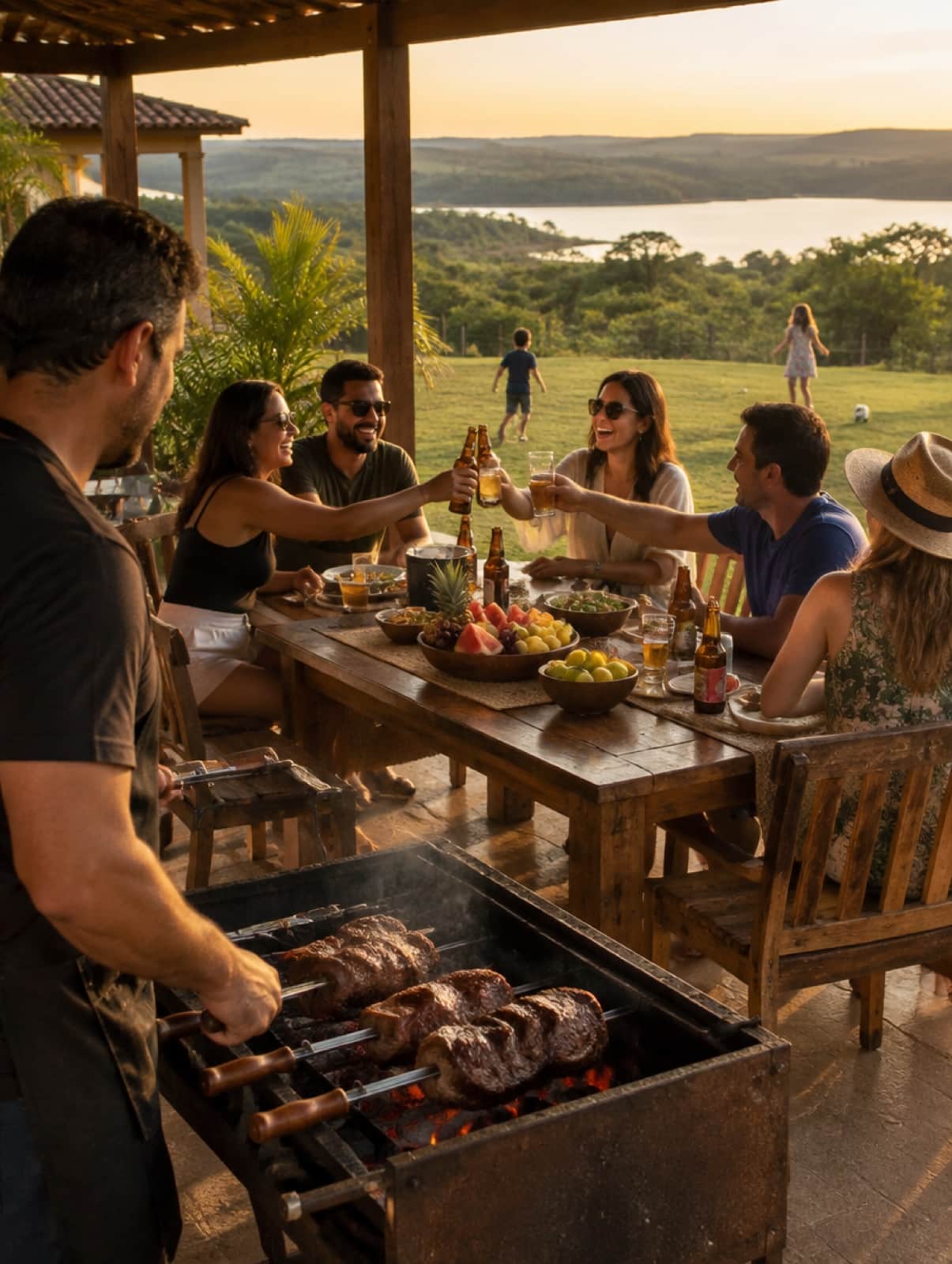 Família e amigos brindando no churrasco da varanda, com vista para o lago ao pôr do sol