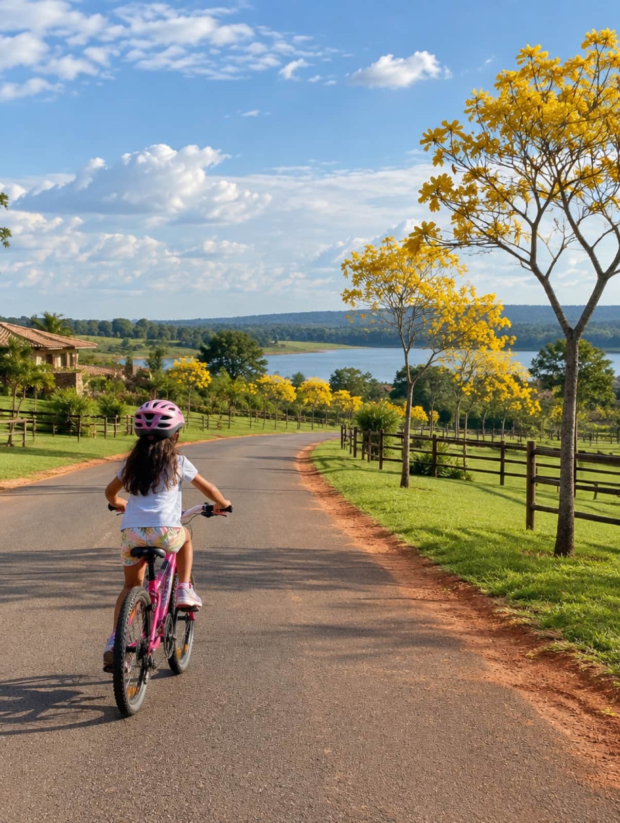 Criança de bicicleta na rua interna de um condomínio de chácaras, com ipês amarelos e lago ao fundo