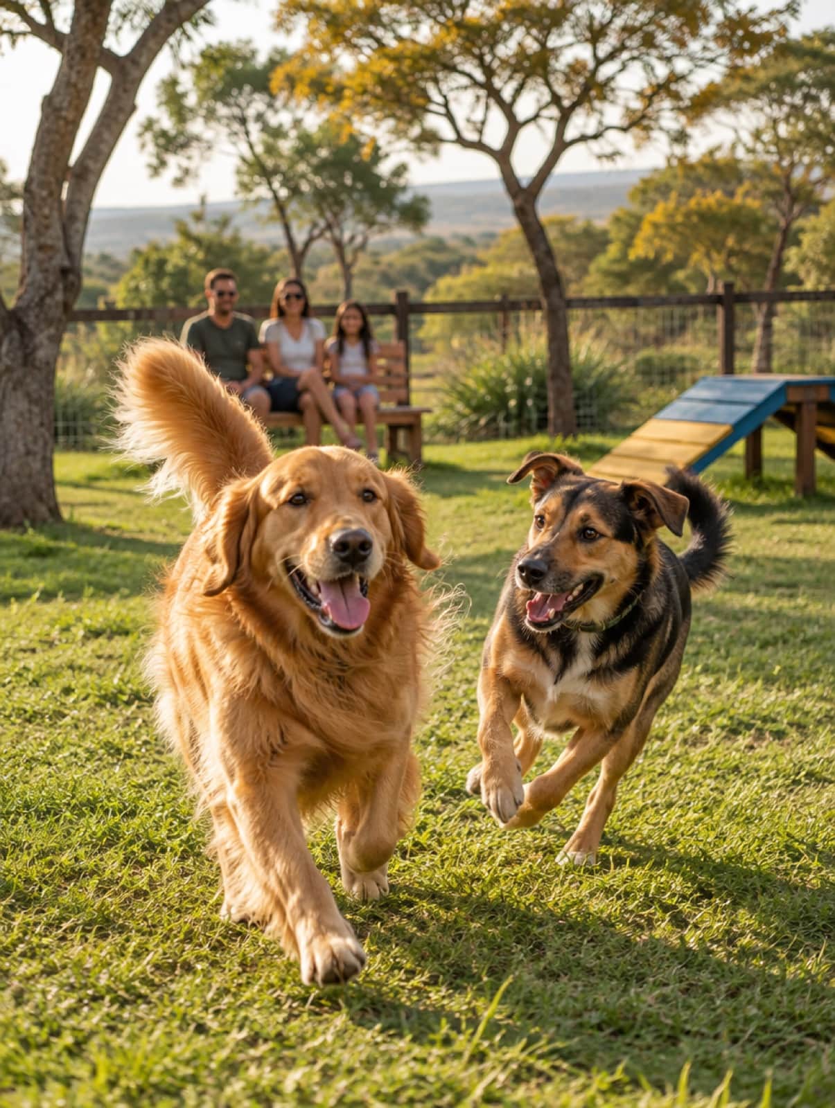 Dois cachorros correndo no gramado do pet place enquanto a família observa
