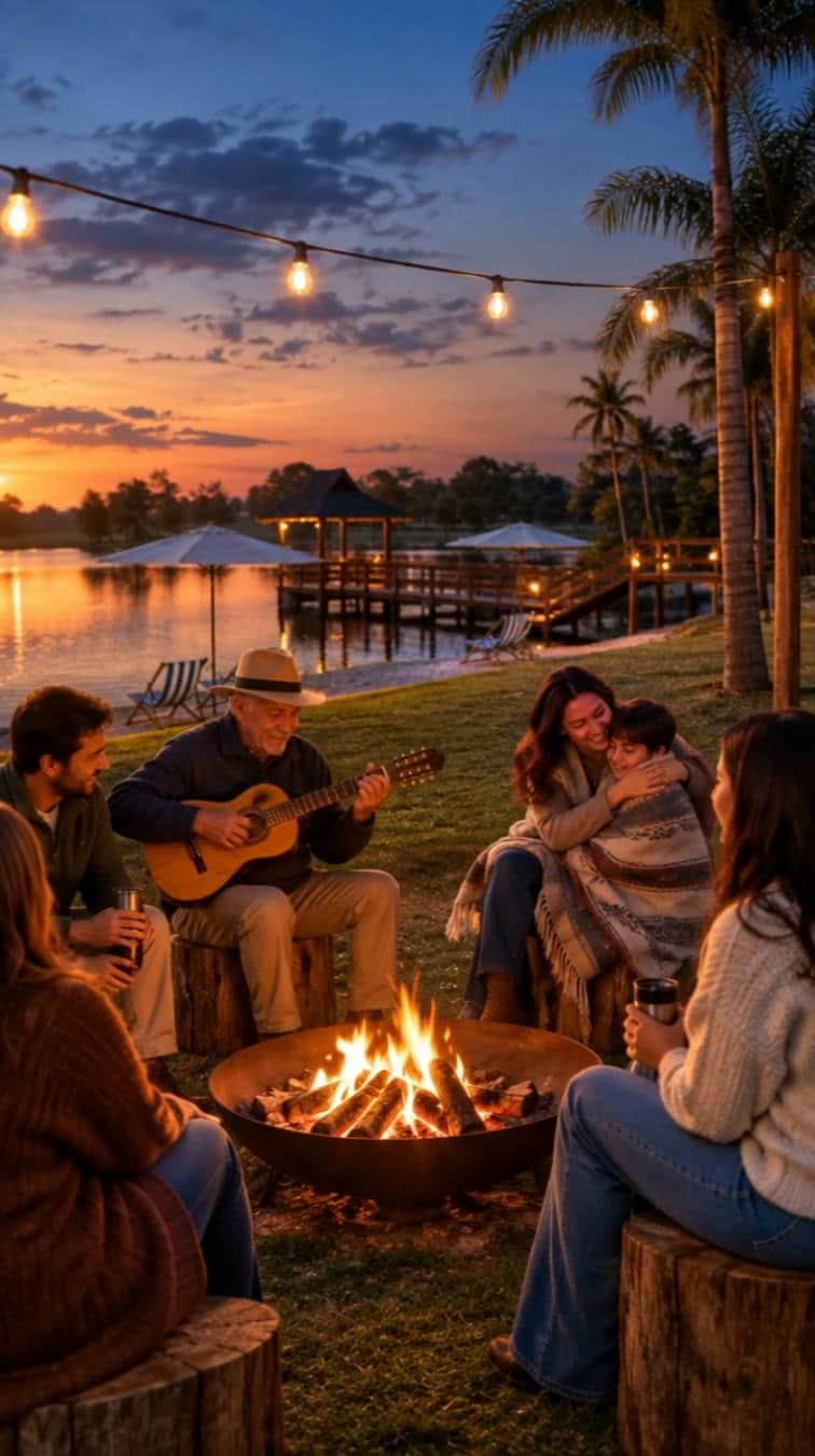 Família em volta do fogo de chão na beira do lago