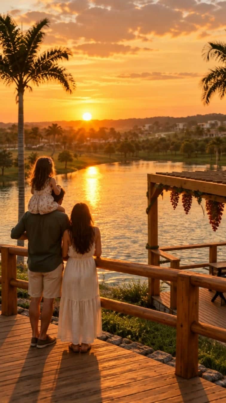 Família no mirante ao pôr do sol