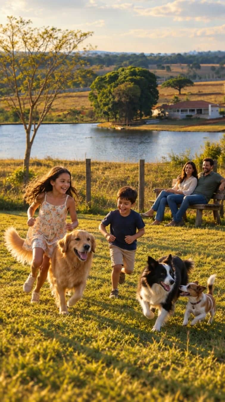 Crianças correndo com cachorros na beira do lago