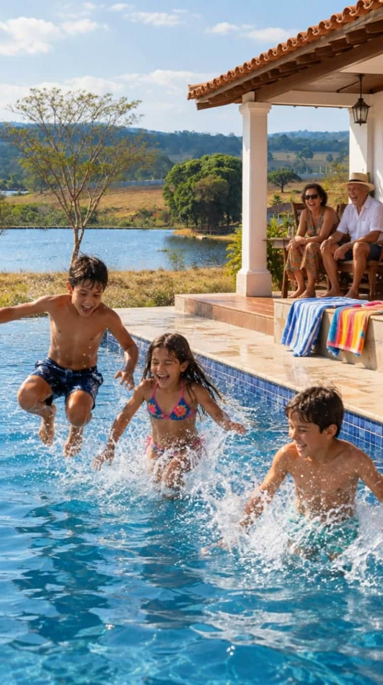 Crianças pulando na piscina da sede