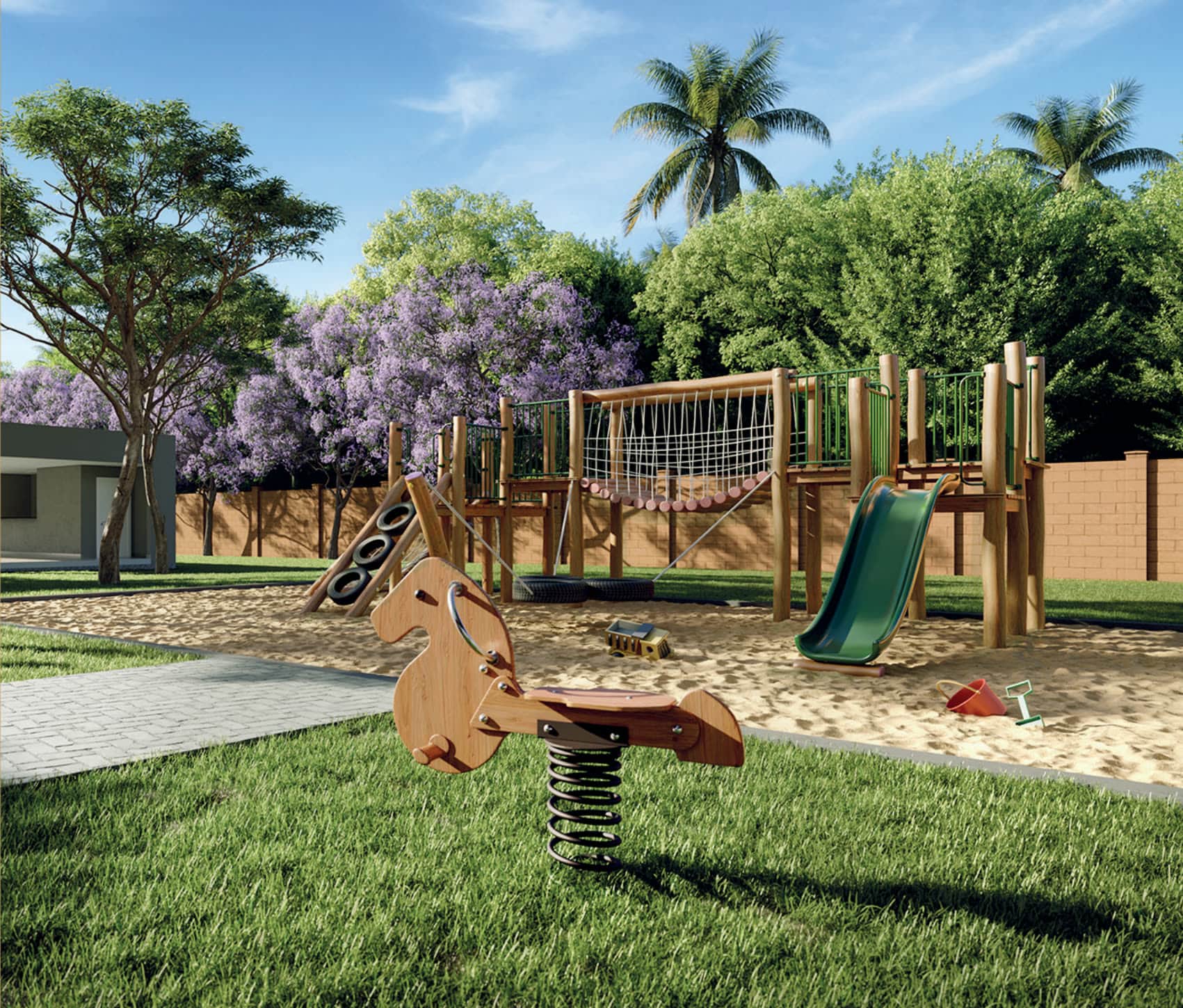 Espaço kids com playground, perspectiva ilustrativa