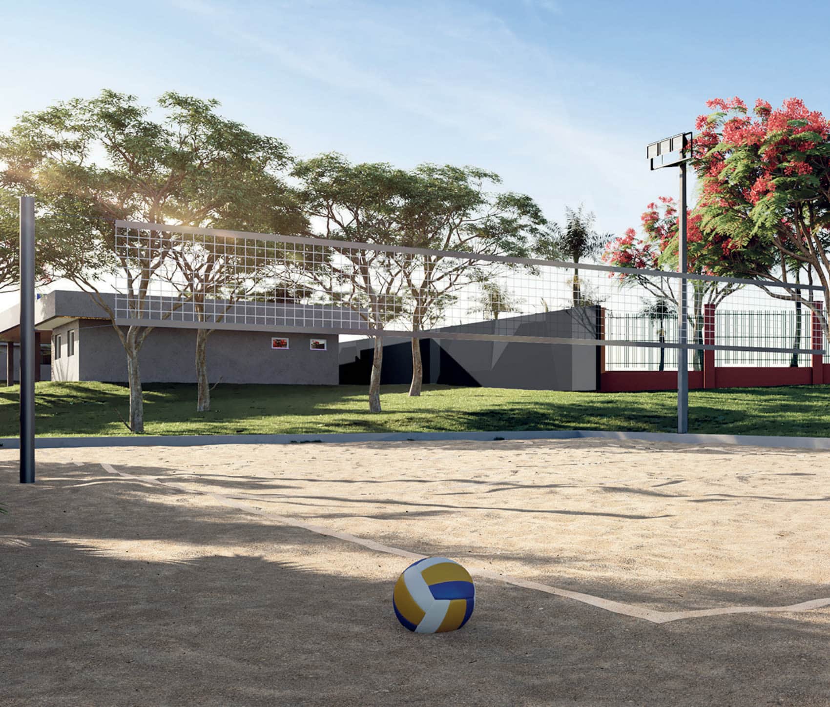 Quadra de beach tennis e areia, perspectiva ilustrativa