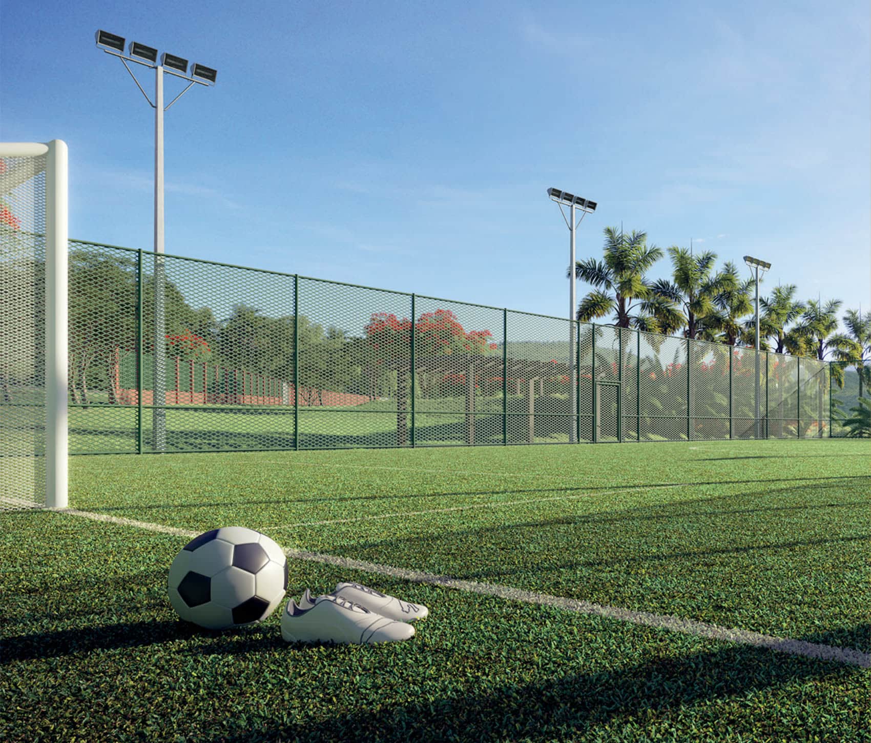 Campo de futebol society do condomínio, perspectiva ilustrativa