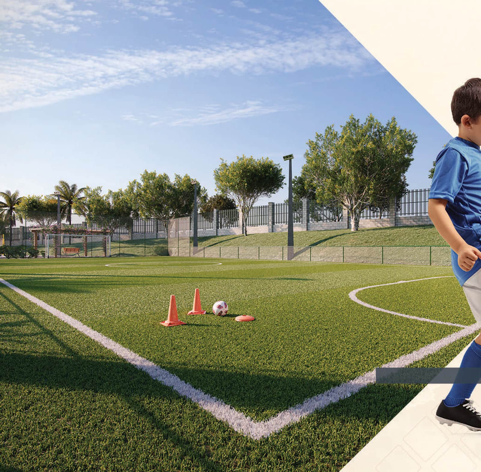 Campo de futebol society, perspectiva ilustrativa