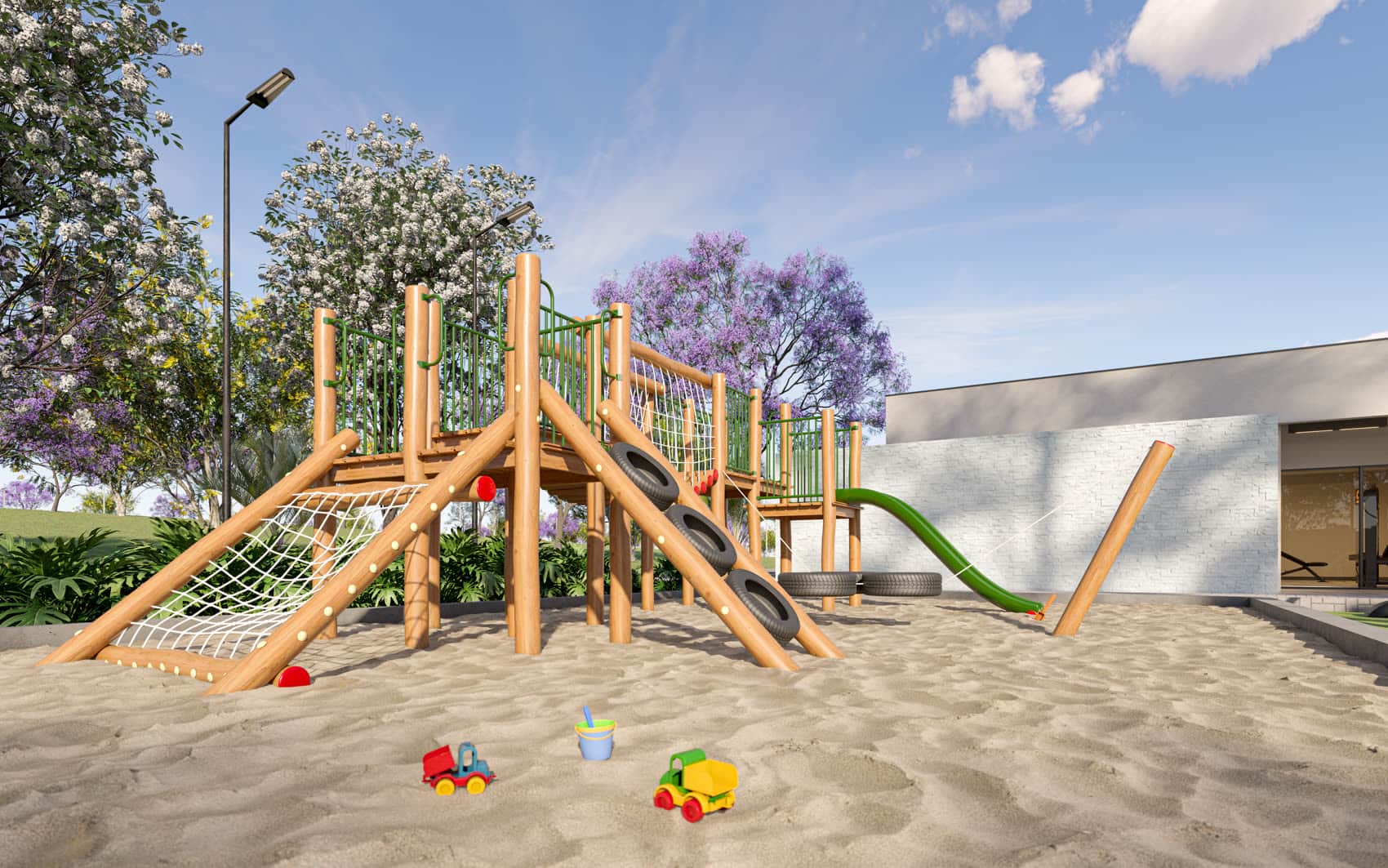 Espaço kids com playground, perspectiva ilustrativa