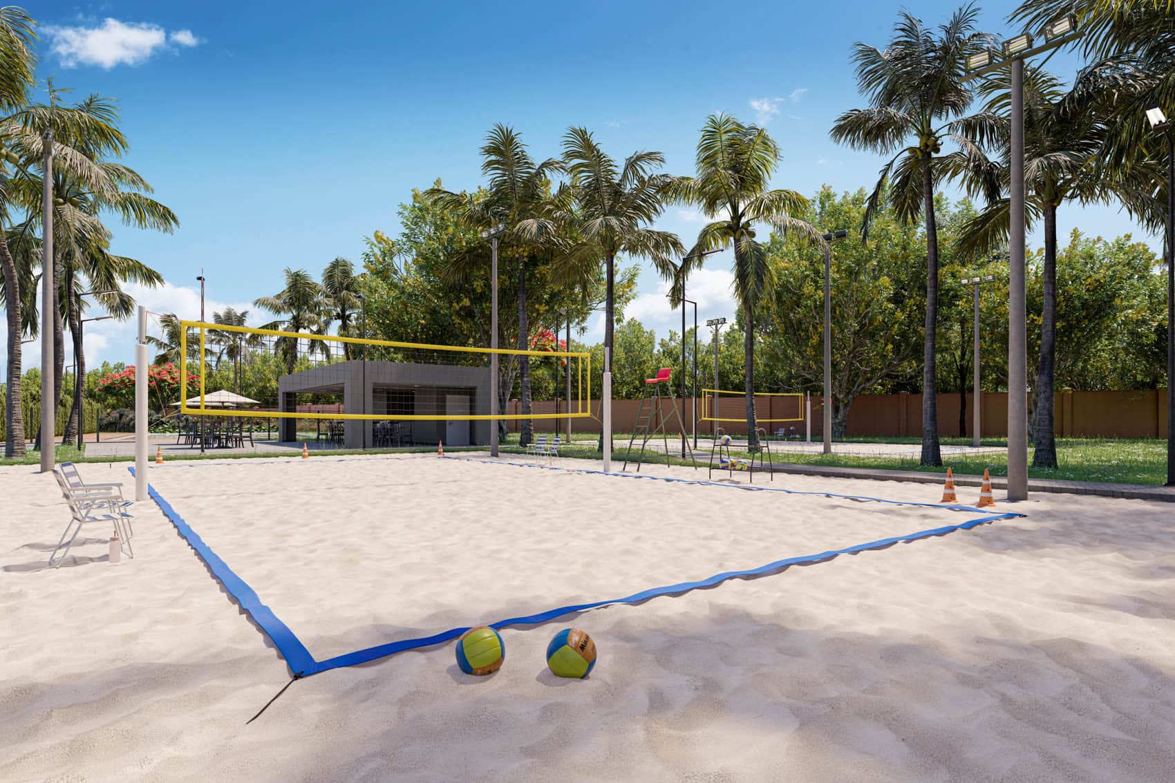 Quadra de areia e beach tennis, perspectiva ilustrativa