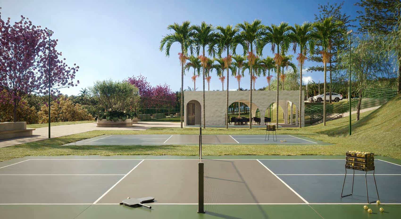 Pickleball, mountain bike e 1,1 km de pista de cooper.
