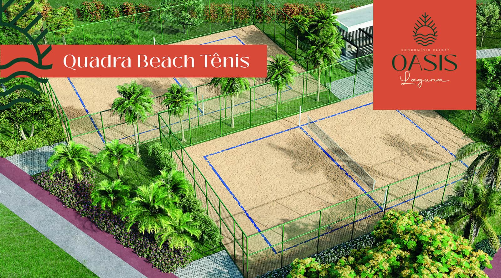 Quadras de areia com quiosque de apoio, perspectiva ilustrativa