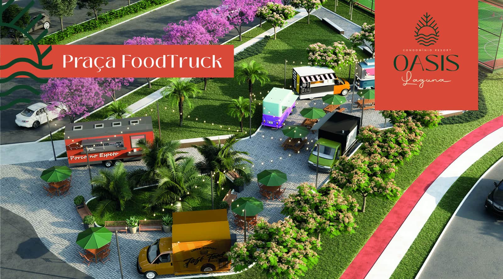 Praça de food truck do condomínio, perspectiva ilustrativa