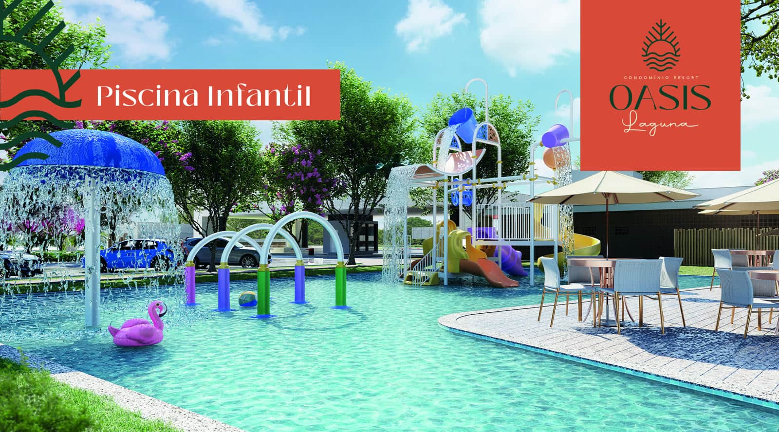 Piscina infantil com playground aquático, perspectiva ilustrativa