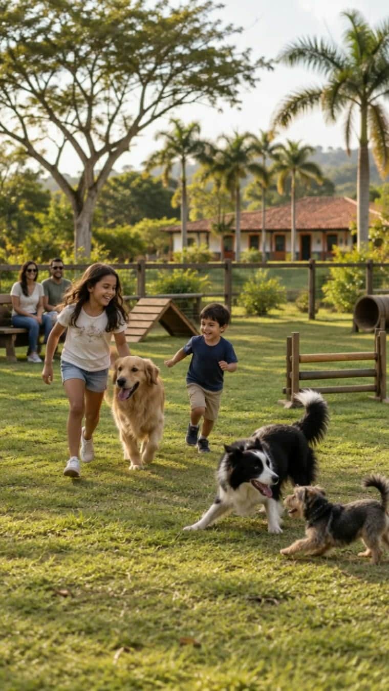 Crianças correndo com cachorros no pet place