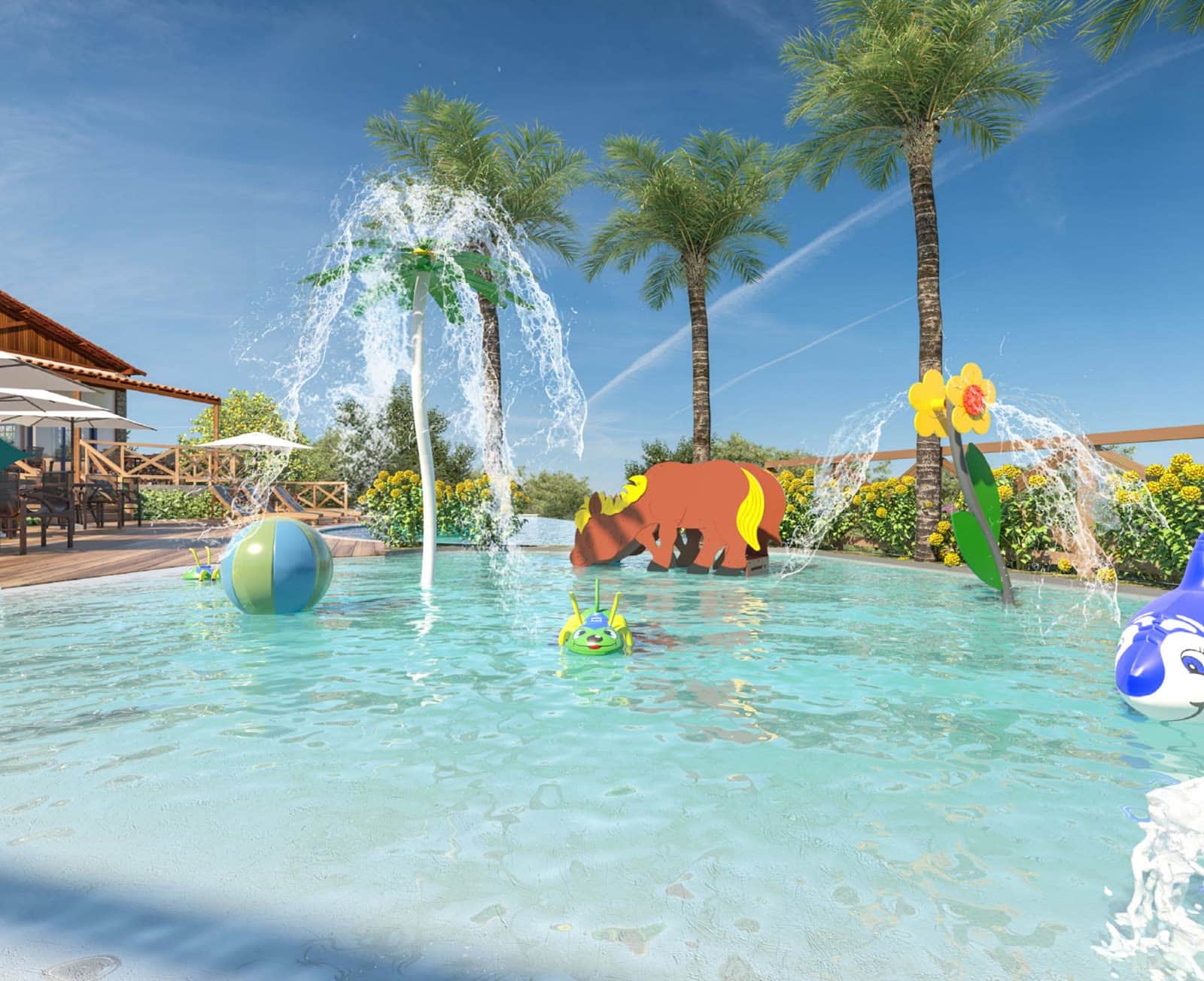 Piscina infantil com brinquedos aquáticos