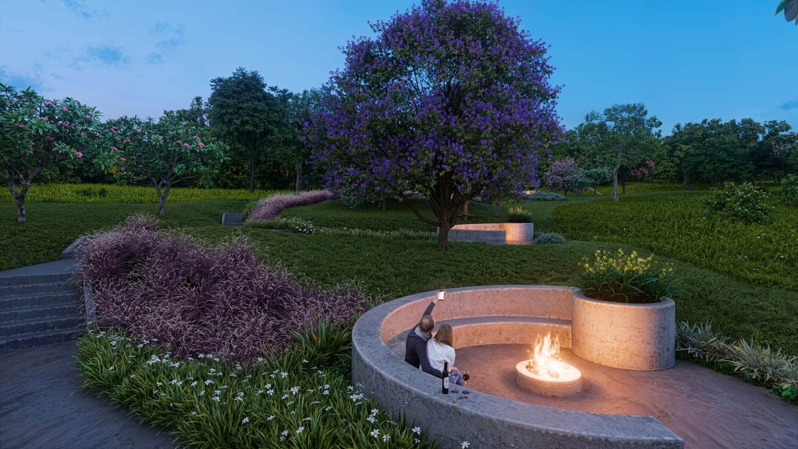 Wine garden com fire place sob a árvore